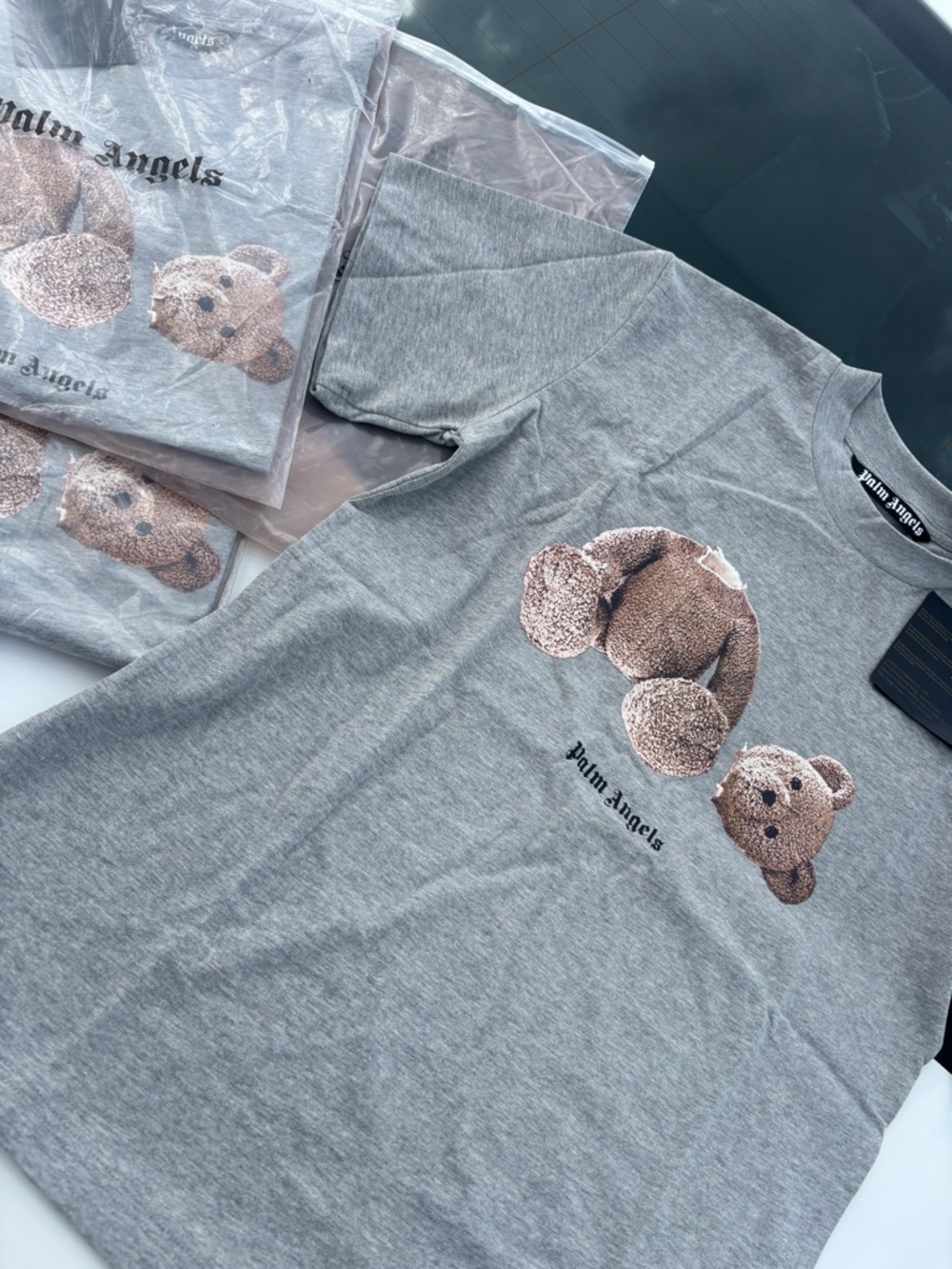 Palm Angels Gray Tee with Brown Teddy Head Graphic